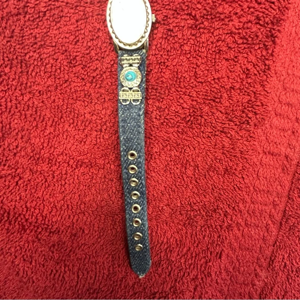Avon VTG Women's Watch Silver Tone w/ Blue Denim Band, turquoise accents